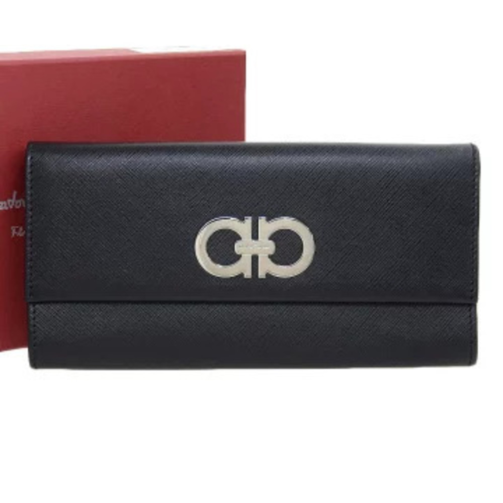 Salvatore Ferragamo Gancini Snap Closure Long Wallet Leather Black